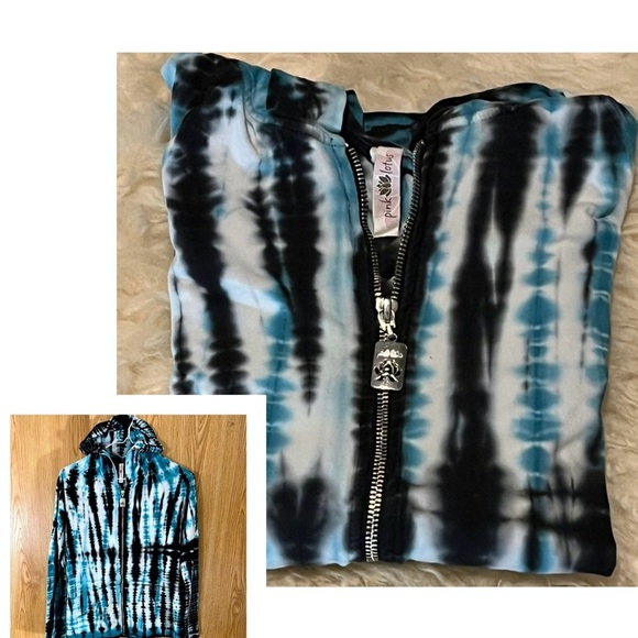 Pink Lotus Turquoise/ Navy Tie-Dye Zip-Up Hoodie Jacket - Picture 5 of 5